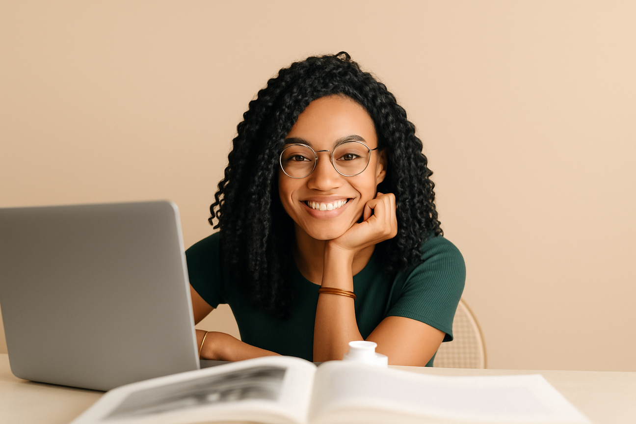 Smiling young Black woman with glasses and curly 1B hair sitting at a laptop.