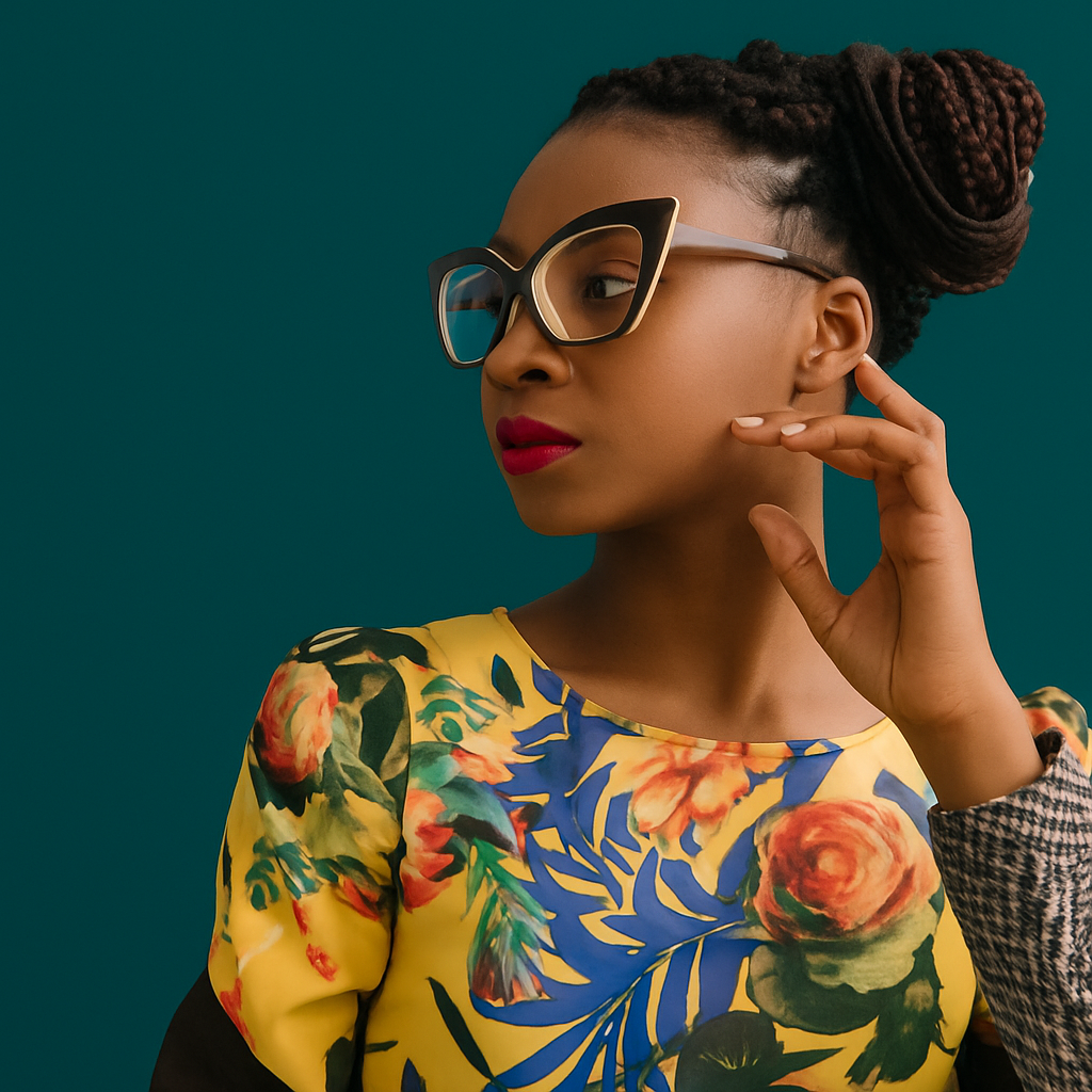 Confident Black woman with braided updo and bold glasses in a floral dress against a deep teal background.
