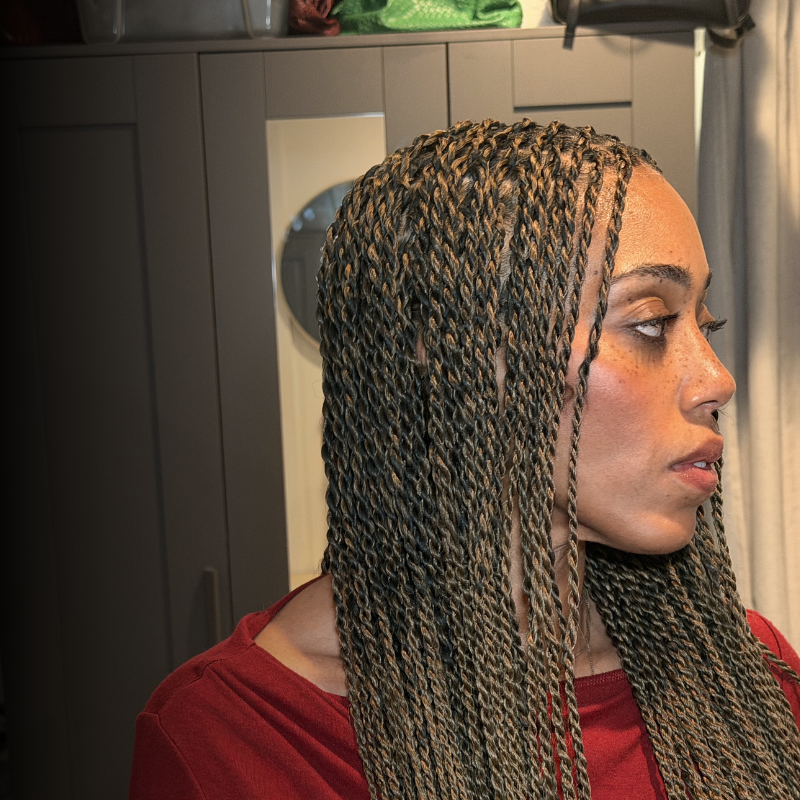 Side profile of woman wearing Blhair™ Amber Glow twist braids with soft amber highlights and brown depth.