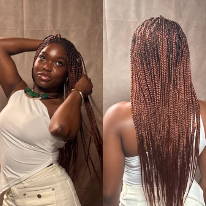Front and back view of Blhair™ Berry Noir braids showing dimensional burgundy color and braid length.