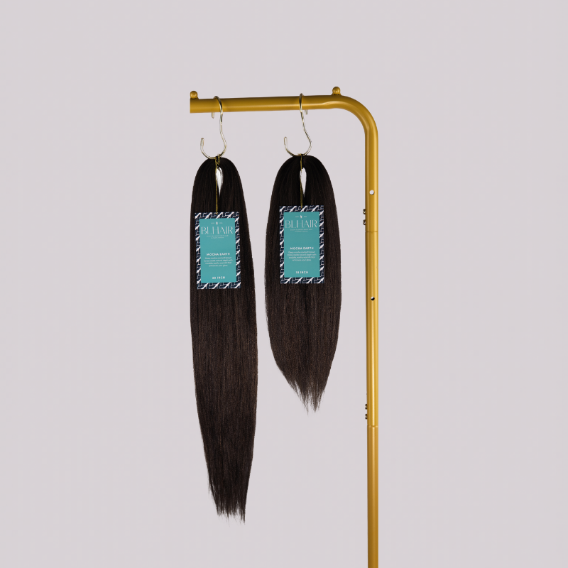 Blhair™ Mocha Earth braid hair bundles displayed on gold stand against neutral background.