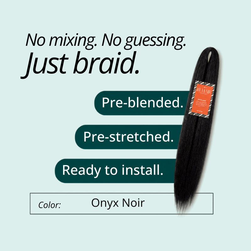 Blhair™ Onyx Noir pre-blended braid hair shown as pre-stretched and ready to install.