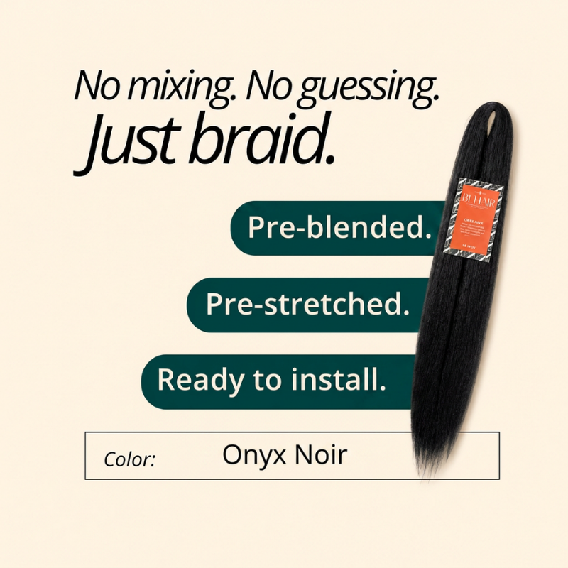 Blhair™ Onyx Noir pre-blended braid hair shown as pre-stretched and ready to install.