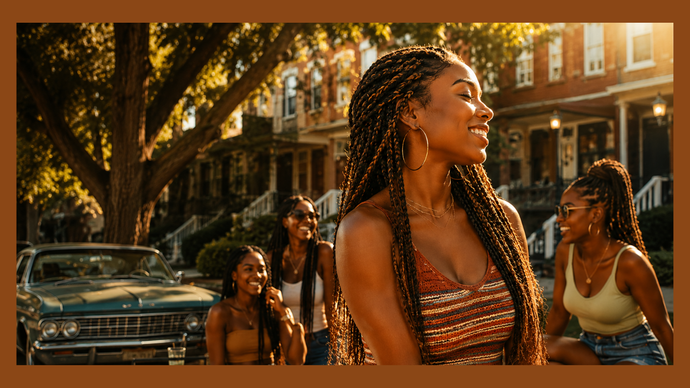 Black women wearing long pre-blended braids gathered outdoors on a summer afternoon, showcasing natural-looking multidimensional braiding hair.