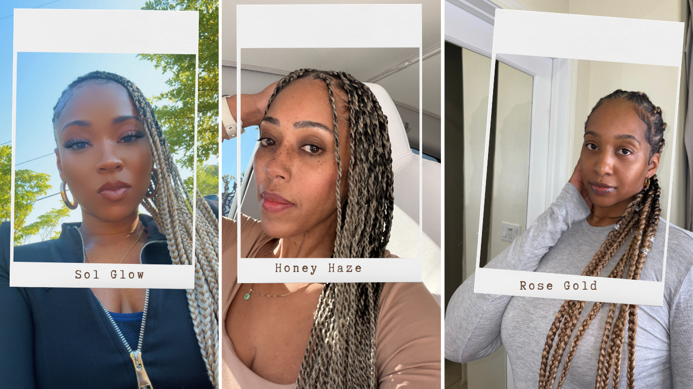 Three women wearing Blhair pre-blended braiding hair in Sol Glow, Honey Haze, and Rose Gold color blends.
