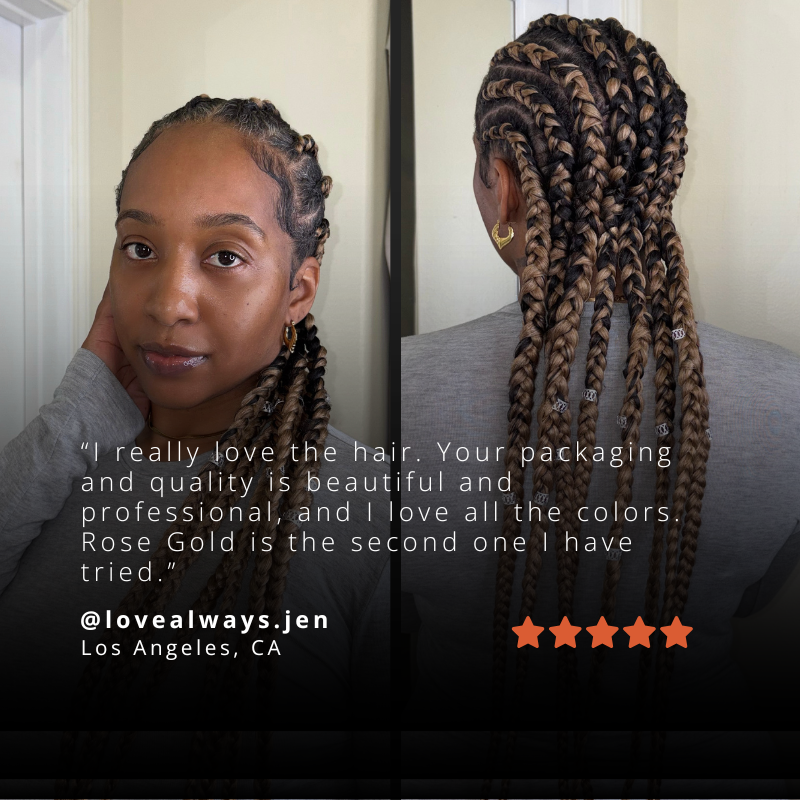 Front and back view of woman wearing Blhair™ Rose Gold braids with customer review highlighting color and braid quality.