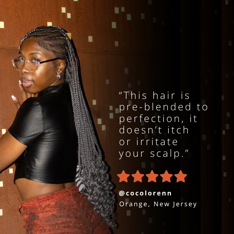 Woman wearing Blhair™ Smoked Silver braids with customer review describing scalp-friendly, itch-free protective styles.