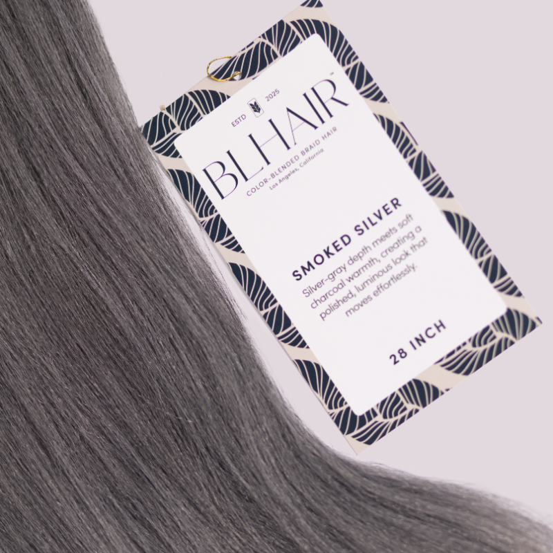 Close-up of Blhair™ Smoked Silver braid hair showing cool silver-gray tones and charcoal depth.
