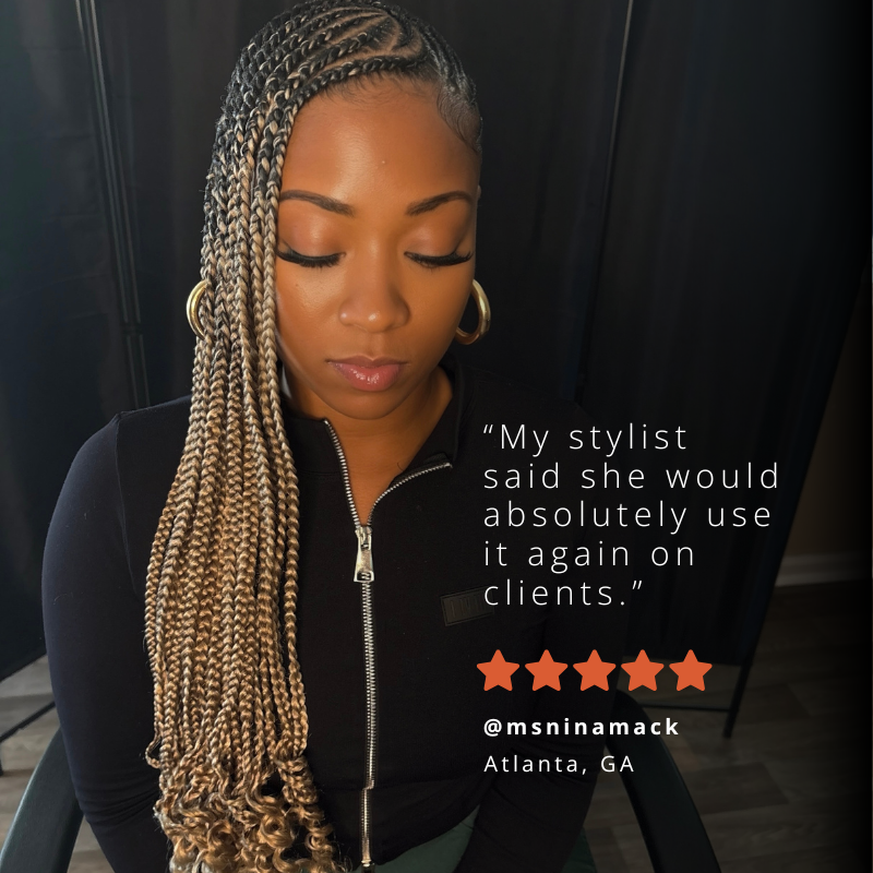 Woman wearing long Blhair™ Sol Glow braids with customer review about stylist-approved protective hairstyles.
