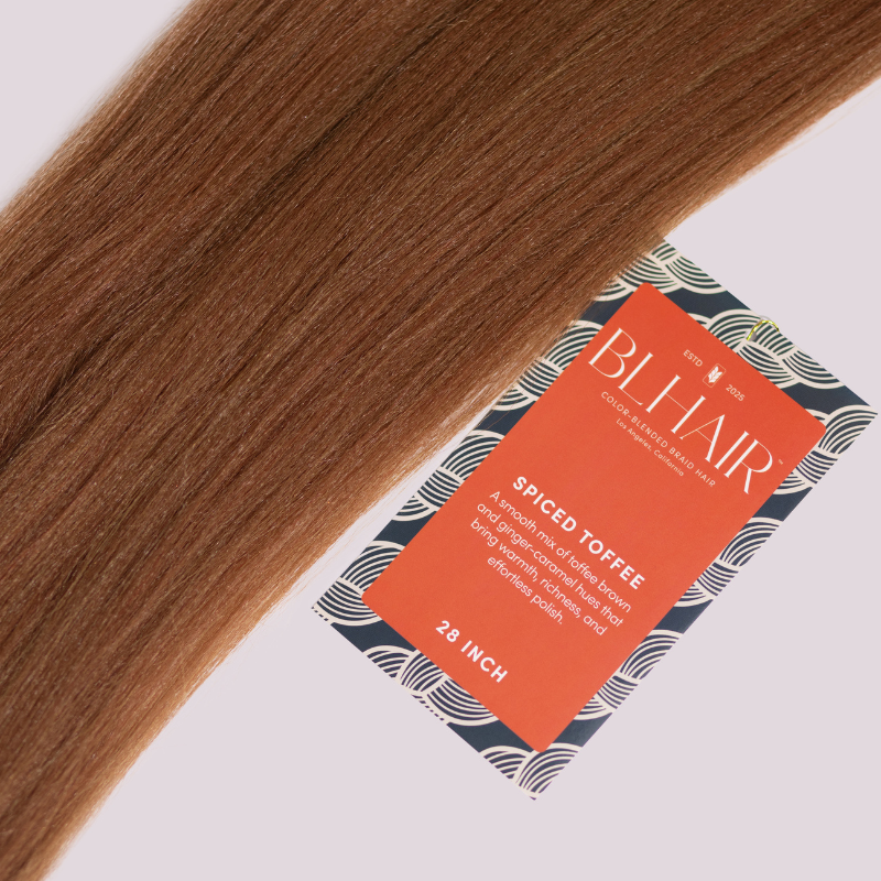 Blhair™ Spiced Toffee braid hair with dimensional copper tones displayed beside branded product packaging.