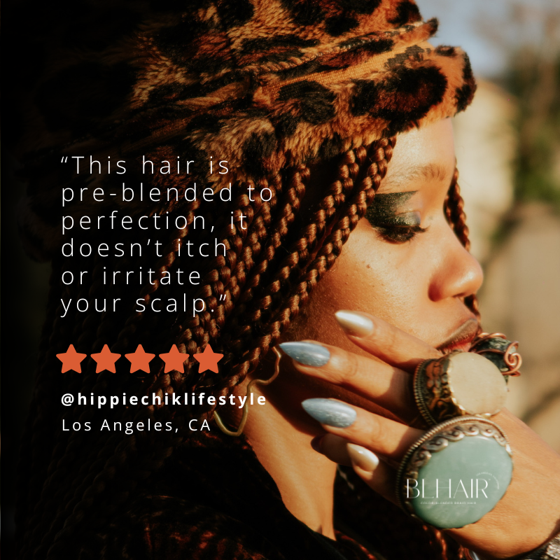 Woman wearing Blhair™ Spiced Toffee braids in sunlight with testimonial on scalp-friendly, itch-free protective style.