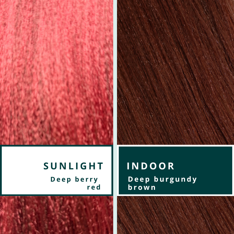 Blhair™ Berry Noir braid hair shown in sunlight and indoor lighting to demonstrate berry red and burgundy tones.