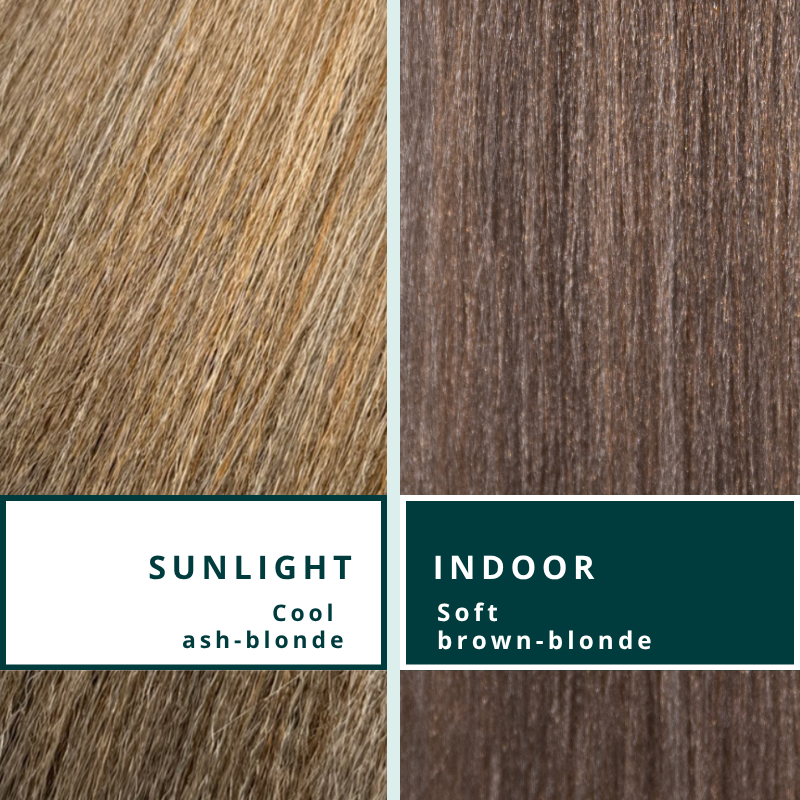 Blhair™ Golden Hour braid hair shown in sunlight and indoor lighting to compare cool ash-blonde and soft brown-blonde tones.