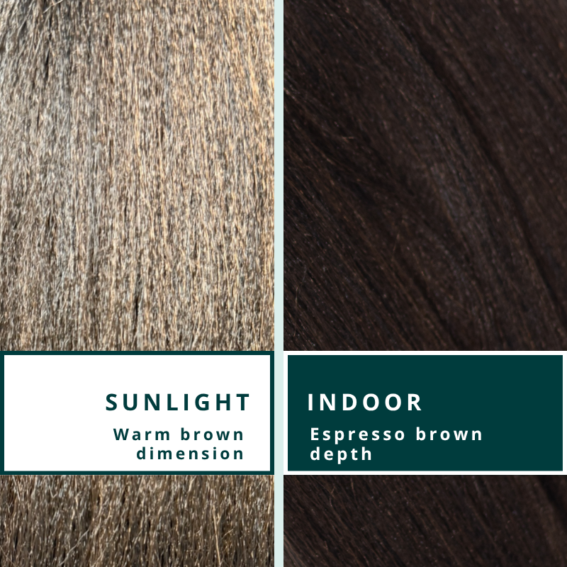 Blhair™ Mocha Earth braid hair shown in sunlight and indoor lighting to demonstrate warm brown and espresso tones.