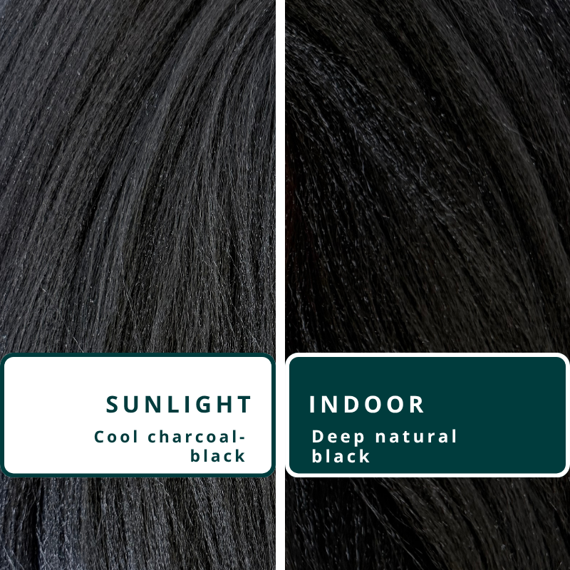 Blhair™ Onyx Noir braid hair shown in sunlight and indoor light to compare its deep near-black tone.