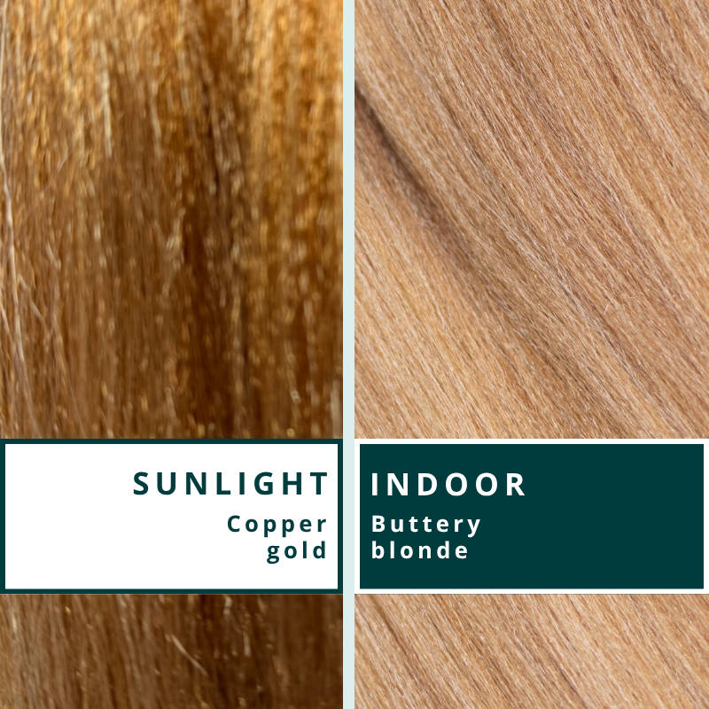 Blhair™ Rose Gold braid hair shown in sunlight and indoor lighting to compare copper gold and buttery blonde tones.