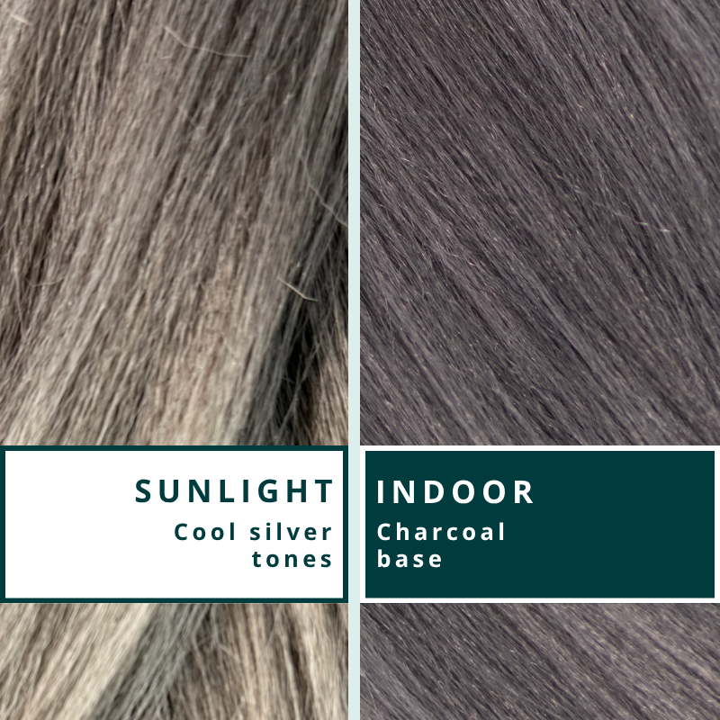 Blhair™ Smoked Silver braid hair shown in sunlight and indoor lighting to demonstrate cool silver and charcoal tones.
