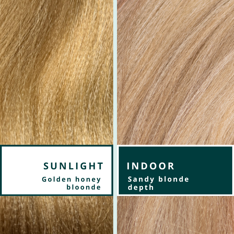 Blhair™ Sol Glow braid hair shown in sunlight and indoor lighting to demonstrate blonde color variation.